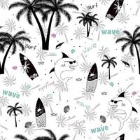 Summer funny seamless pattern design. Shark with sunglasses, palm tree, surfboard, wave and seashell. vector