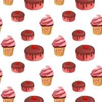 patrón sin fisuras con pastel de chocolate y cupcakes. postre dulce, textura sin fin. ilustración vectorial vector