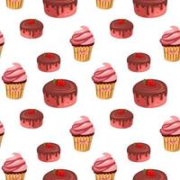 Seamless pattern with chocolate cake and cupcakes. Sweet dessert, endless texture. Vector illustration