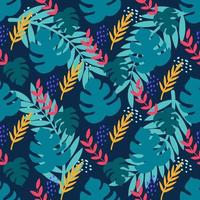 Tropical plants on a dark blue background. Monstera leaves, palm trees. Vector seamless pattern in flat style