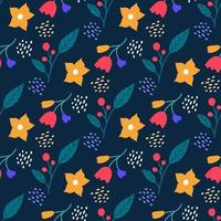 Bright cute flowers and plants on a blue background. Vector seamless pattern in a flat style