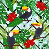 Toucan, exotic birds, tropical palm leaves, jungle and flowers. Beautiful seamless vector floral pattern background. Vector seamless pattern for stylish fabric design, paper, web.