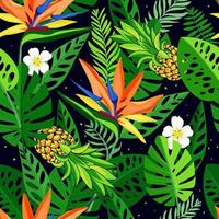 Seamless pattern with tropical flowers and leaves of strelitzia. Hand drawn, vector, bright colours. Background for prints, fabric, wallpapers, wrapping paper.