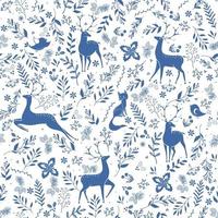Winter seamless vector pattern with holly berries, deer, fox, bird and christmas branch. Part of Christmas backgrounds collection. Can be used for wallpaper, pattern fills, surface textures, fabric prints.