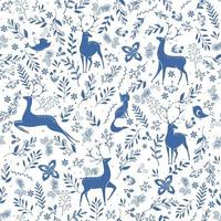 Winter seamless vector pattern with holly berries, deer, fox, bird and christmas branch. Part of Christmas backgrounds collection. Can be used for wallpaper, pattern fills, surface textures, fabric prints.