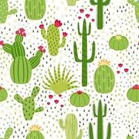 Seamless cute cactus illustration. Tropical pattern of different cacti, aloe and flowers. Print for fabric, phone case and wrapping paper. vector