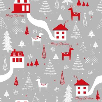 Funny seamless vector pattern with deers, houses, snowflakes and Christmas tree. Can be used for fabric, phone case and wrapping paper.