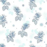 Christmas seamless pattern with pine branches, cones and snowflakes. Vector botanical illustration. Ideal for greeting cards, backgrounds, holiday decor, fabric and phone case.