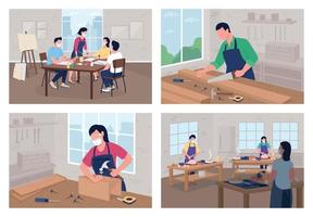 Creative workshop flat color vector illustration set