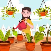Happy Girl Watering Plants vector
