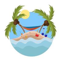 Hammock and palms on island. Summer time on island. vector