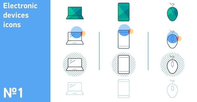 este es un conjunto de iconos para su teléfono inteligente y el mouse y la computadora portátil en diferentes estilos vector