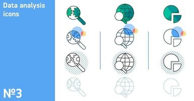 This is a set of global search and pie chart icons in different styles vector