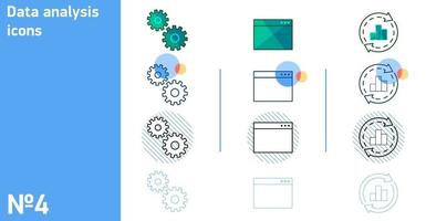 This is a set of icons gears and computer window and global search and statistical chart in different styles vector