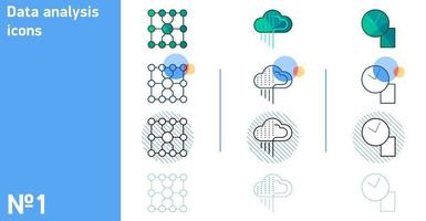 This is a set of icons for cloud technologies and data analysis in different styles vector