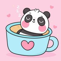 Cute Panda bear in cup drinking coffee tea cartoon teddy sweet dream Kawaii animal zoo vector girly doodle