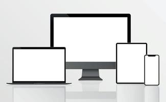 monitor de pc, computadora portátil, tableta, teléfono inteligente en negro, plateado y blanco con reflejo - vector realista