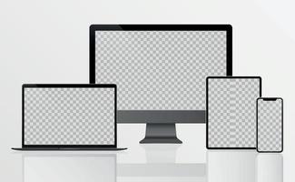 monitor de pc, computadora portátil, tableta, teléfono inteligente en negro, plateado y blanco con reflejo - vector realista