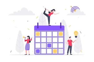 Tiny people characters working together with calendar schedule and fill out task vector