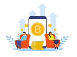 woman and man buying bitcoin to get an increase in cryptocurrency investment returns every year vector illustrator