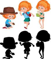 personaje de dibujos animados de una niña haciendo diferentes actividades con silueta vector