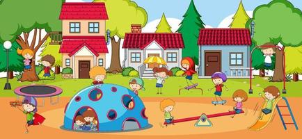 Playground scene with many kids doodle cartoon character vector