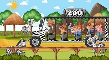 Safari at day time scene with many kids watching zebra group vector