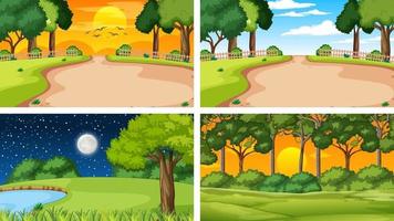 cuatro escenas diferentes de parque natural y bosque. vector