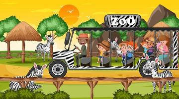 Zoo at sunset time with many children watching zebra group vector