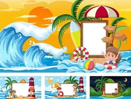 Set of blank banner in different tropical beach scenes vector