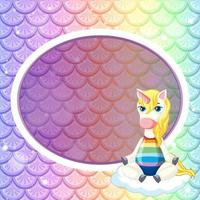 Oval frame template on pastel rainbow fish scales background with cute unicorn cartoon character