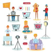 Bloggers Characters Flat Icons Set Vector Illustration