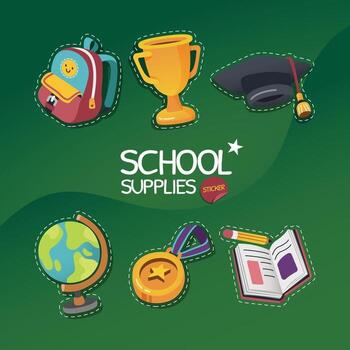 School Supplies Icon Set With Dashed Stroke vector