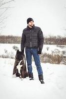 A man in a jacket and a knitted hat walks with an American Akita dog photo