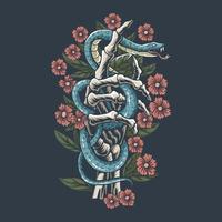 The snake is on the hand bones of the skeleton with flowers vector