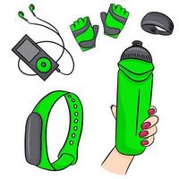 vector conjunto de accesorios de fitness en estilo de dibujos animados. ilustración vectorial aislado en un fondo blanco.