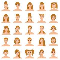 Set of women's hairstyles. Beautiful young brown-haired girls with different hairstyles isolated on a white background. vector