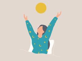 Young woman wakes up, morning stretch in the bed. health care concept. vector
