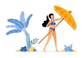 ilustraciones de vacaciones de mujer intenta abrir una sombrilla de playa y relajarse bajo un árbol de plátano y el concepto de sol de diseño aislado puede ser para carteles, pancartas, anuncios, sitios web, web, marketing móvil vector