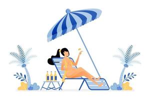happy vacation illustration of sunbathing woman sitting on beach and drinking, enjoy holiday under a coconut tree Vector design can be used for poster banner ad website web mobile marketing