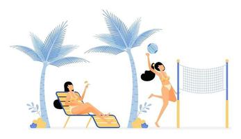 happy vacation illustration of women relaxing and enjoying holiday on beach by lying under coconut trees or playing volleyball Vector design can be used for poster banner ad website web mobile marketing