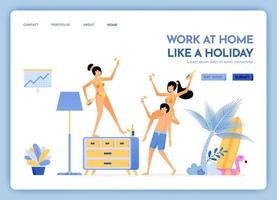 sitio web de viajes con el tema del trabajo en casa, como viajes de vacaciones a las playas de islas tropicales y seguir trabajando a través de Internet, el diseño vectorial se puede utilizar para carteles publicitarios. vector