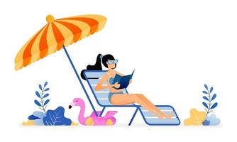 Ilustración de felices vacaciones de una mujer tomando el sol y disfrutando de unas vacaciones en la playa en paz bajo las sombrillas y en la tumbona El diseño vectorial se puede utilizar para carteles, anuncios, sitios web, web, marketing móvil vector