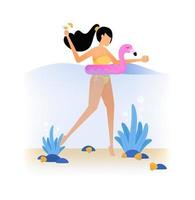 holiday illustration of woman swimming in the sea using a pink flamingo float, vacationing on the beach concept of isolated design can be for poster banner ad website web mobile marketing vector