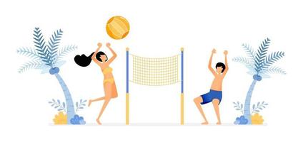 happy vacation illustration of couple enjoying a holiday on the beach by playing volleyball to unwind fun beach sports Vector design can be used for poster banner ad website web mobile marketing