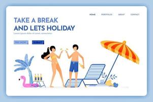 sitio web de viajes con el tema de tomar un descanso y dejar vacaciones, viaje de vacaciones en la playa servicio divertido para pareja diseño vectorial se puede utilizar para carteles publicitarios sitio web folleto de marketing móvil web vector