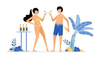 happy vacation illustration of lovers toasting a glass of beer enjoying holidays and having a small party by beach Vector design can be used for poster banner ad website web mobile marketing