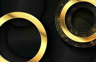 Luxury elegant background with shiny gold circle element and dots particle on dark black metal surface Elegant Abstract wallpaper background design vector