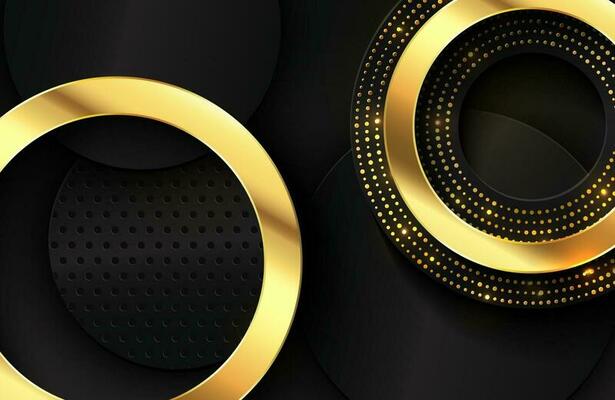 Luxury elegant background with shiny gold circle element and dots particle on dark black metal surface Elegant Abstract wallpaper background design