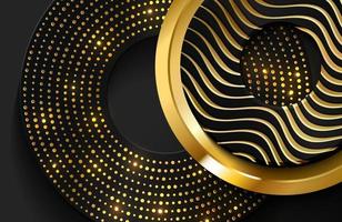 Luxury 3d realistic background with gold circle shape Vector illustration of black circle shapes textured with golden wavy lines